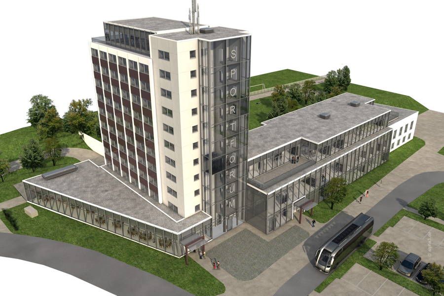 Ostseite des Sportforums mit neuer Fassade aus Stahl, Glas und Mauerwerk